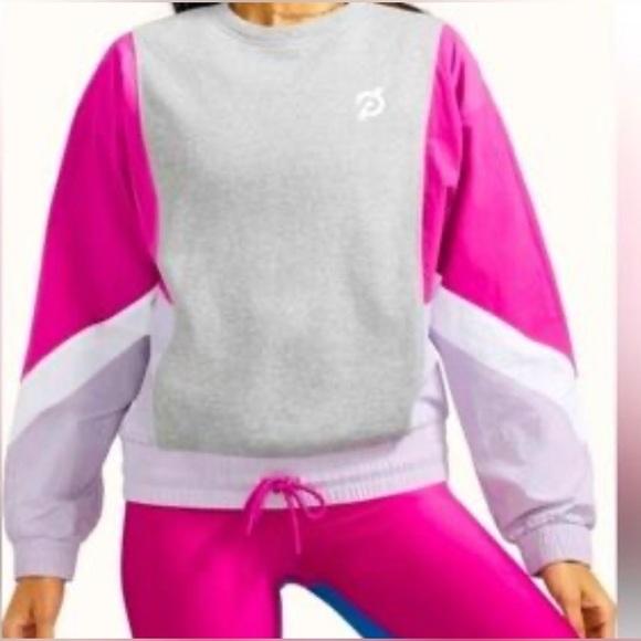 Peloton Chic Fabric Mix Long Sleeve Pullover, logo, color block, retro vibes MED - Picture 1 of 9